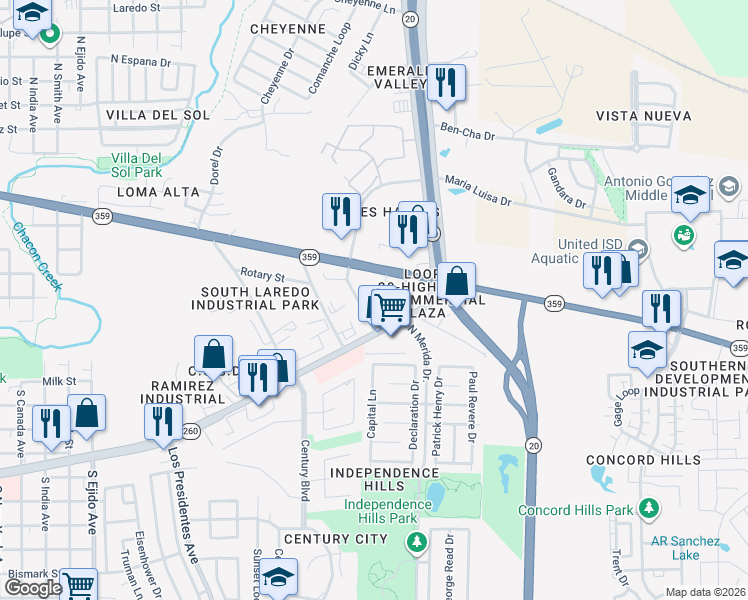 map of restaurants, bars, coffee shops, grocery stores, and more near 201 Abigail Dominguez Court in Laredo