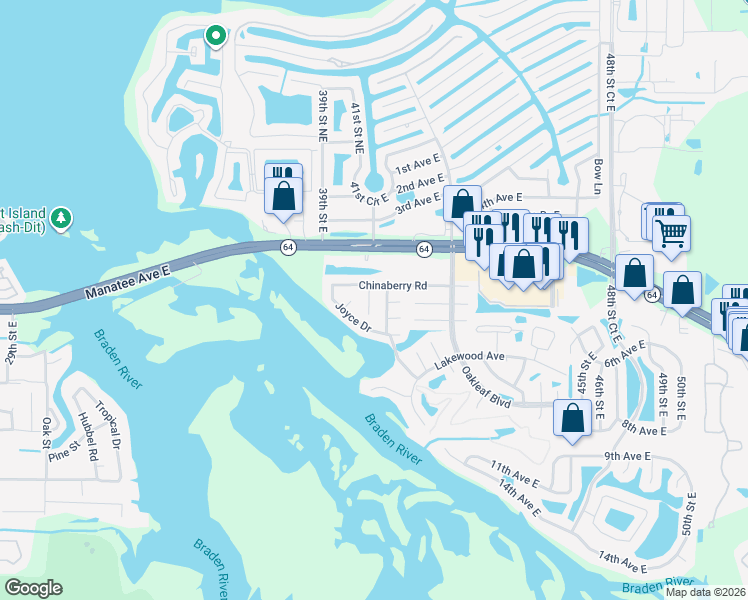 map of restaurants, bars, coffee shops, grocery stores, and more near 709 Hickory Lane in Bradenton