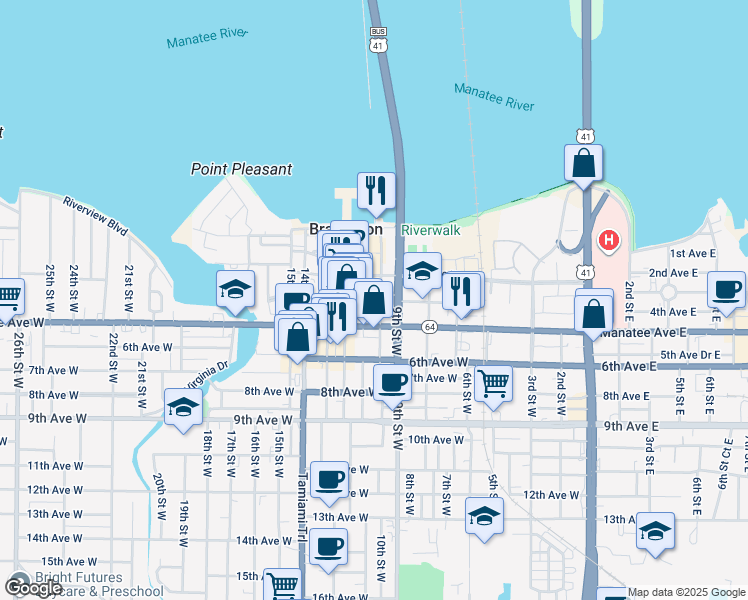 map of restaurants, bars, coffee shops, grocery stores, and more near 1001 4th Avenue West in Bradenton