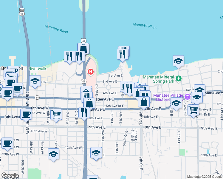 map of restaurants, bars, coffee shops, grocery stores, and more near 408 3rd Avenue East in Bradenton