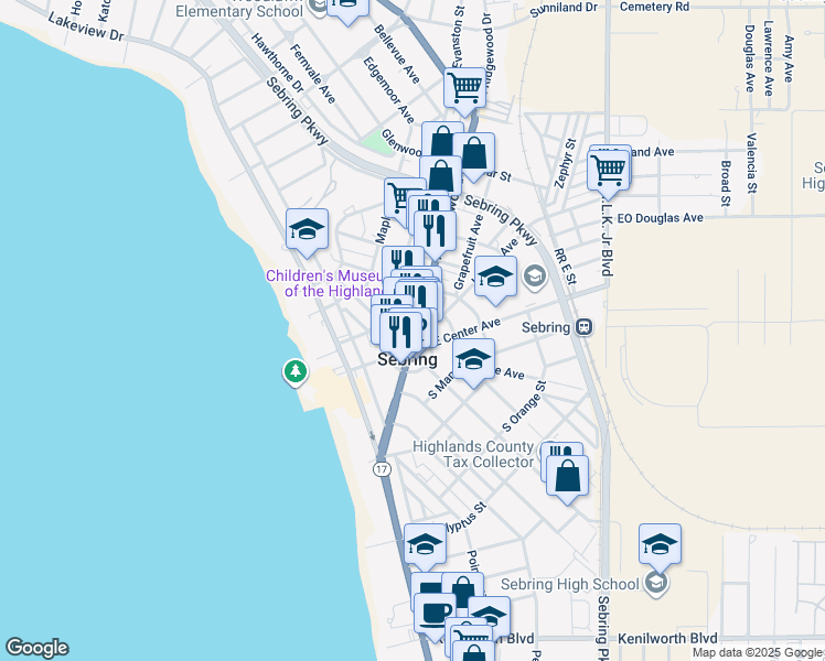 map of restaurants, bars, coffee shops, grocery stores, and more near 117 North Ridgewood Drive in Sebring