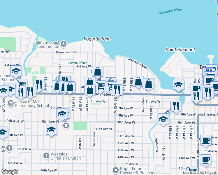 map of restaurants, bars, coffee shops, grocery stores, and more near 401 27th Street West in Bradenton