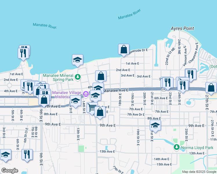 map of restaurants, bars, coffee shops, grocery stores, and more near 1625 Manatee Avenue East in Bradenton