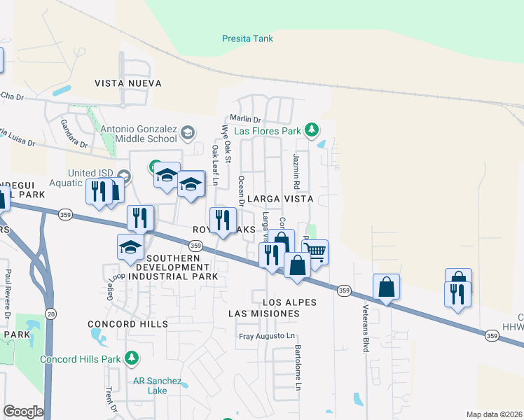 map of restaurants, bars, coffee shops, grocery stores, and more near 144 Larga Vista Drive in Laredo