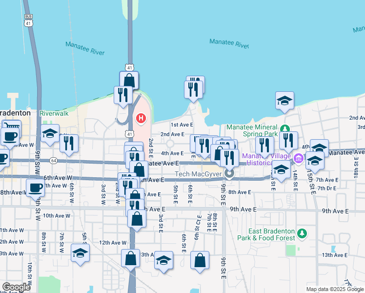 map of restaurants, bars, coffee shops, grocery stores, and more near 508 3rd Avenue East in Bradenton
