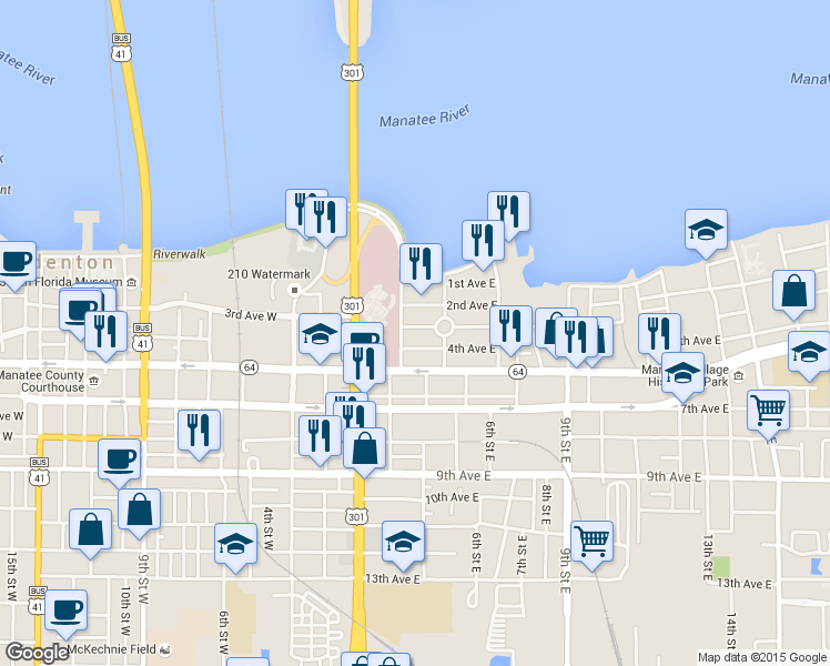 map of restaurants, bars, coffee shops, grocery stores, and more near 302 3rd Avenue East in Bradenton