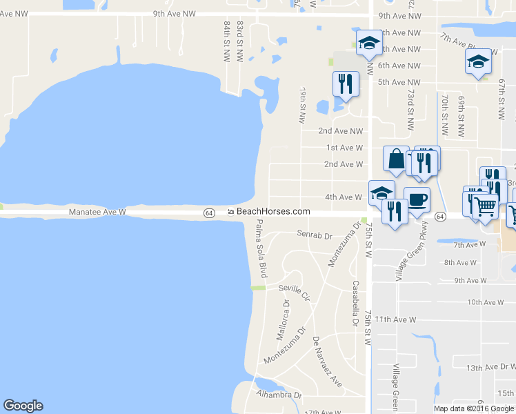 map of restaurants, bars, coffee shops, grocery stores, and more near 8002 4th Avenue West in Bradenton