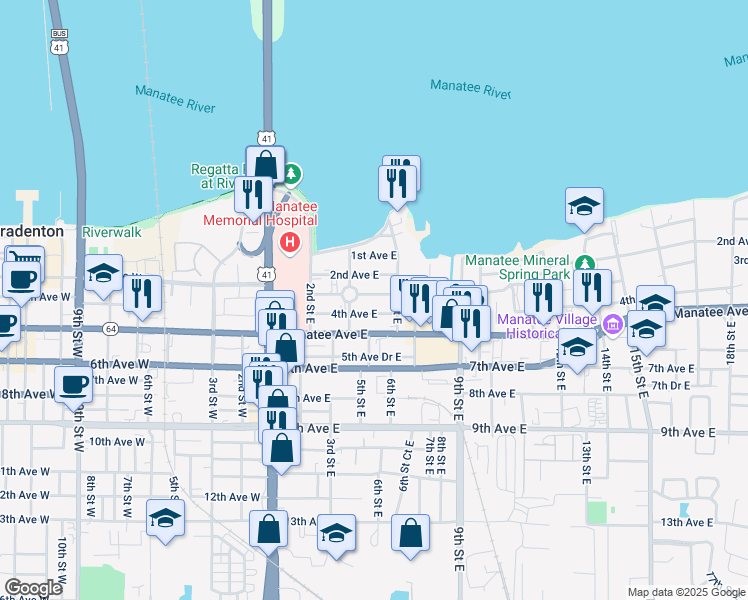 map of restaurants, bars, coffee shops, grocery stores, and more near 508 3rd Avenue East in Bradenton