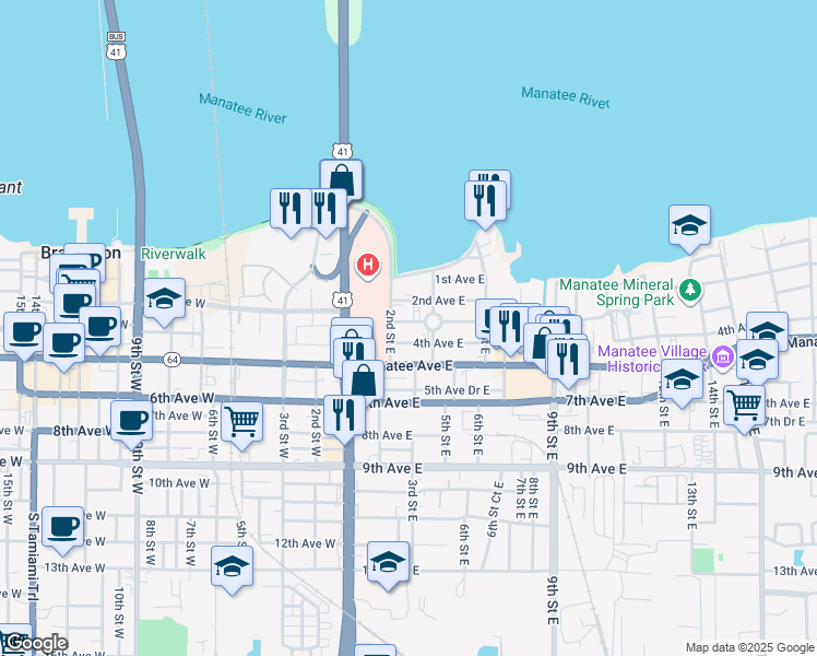 map of restaurants, bars, coffee shops, grocery stores, and more near 302 3rd Avenue East in Bradenton