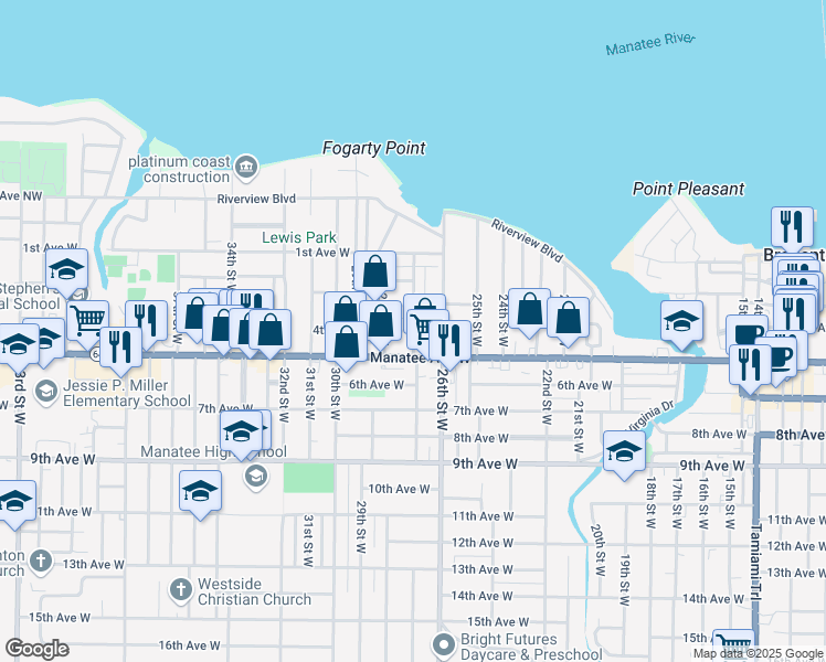 map of restaurants, bars, coffee shops, grocery stores, and more near 398 27th Street West in Bradenton