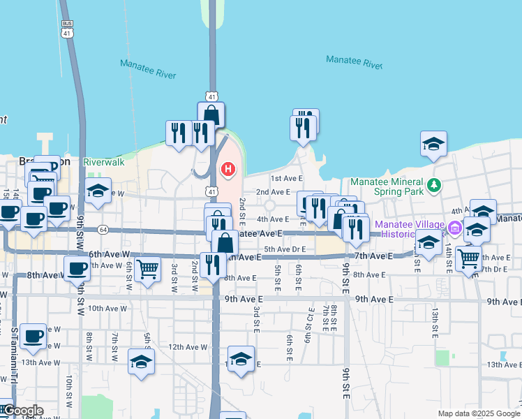 map of restaurants, bars, coffee shops, grocery stores, and more near 302 3rd Avenue East in Bradenton