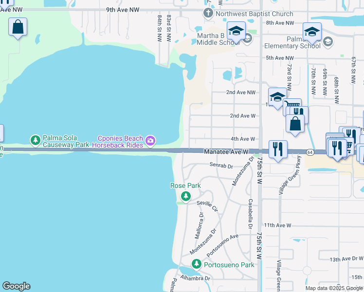 map of restaurants, bars, coffee shops, grocery stores, and more near 7719 4th Avenue West in Bradenton