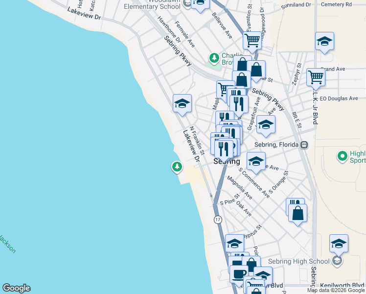 map of restaurants, bars, coffee shops, grocery stores, and more near 2143 Lakeview Drive in Sebring