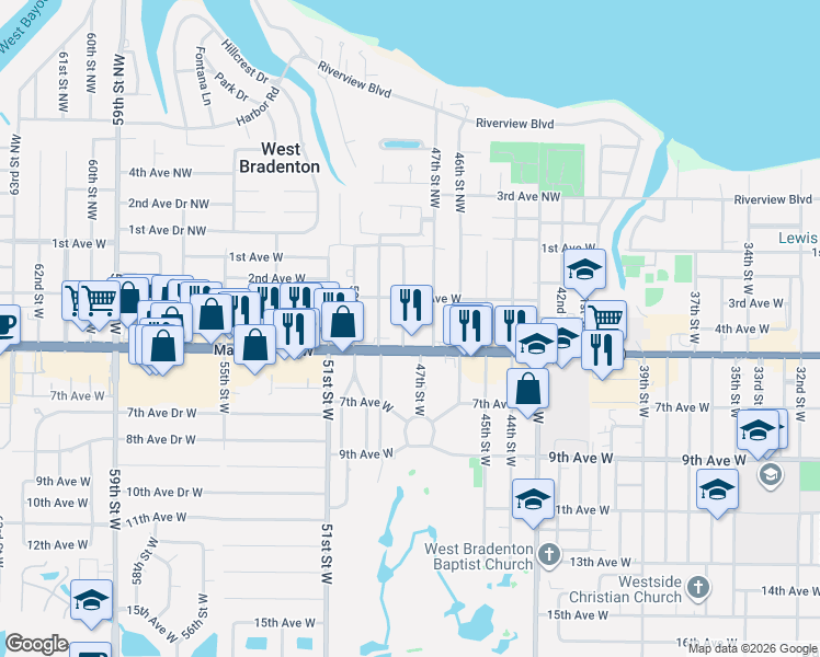 map of restaurants, bars, coffee shops, grocery stores, and more near 434 48th Street West in Bradenton