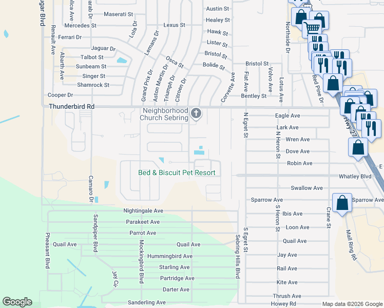 map of restaurants, bars, coffee shops, grocery stores, and more near 500 Thunderbird Hill Road in Sebring