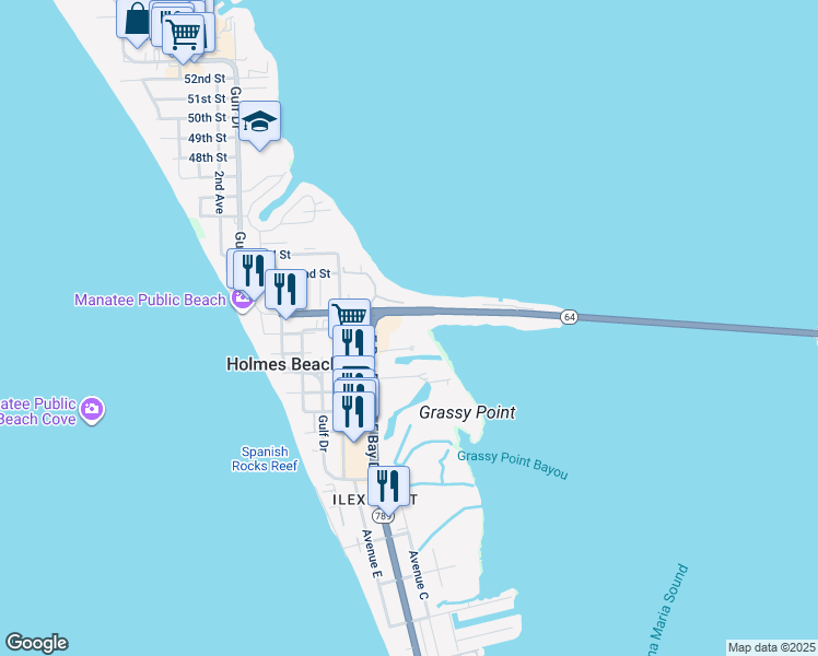 map of restaurants, bars, coffee shops, grocery stores, and more near 749 Manatee Avenue in Holmes Beach