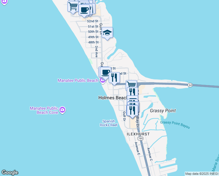 map of restaurants, bars, coffee shops, grocery stores, and more near 102 39th Street in Holmes Beach