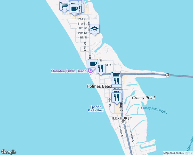map of restaurants, bars, coffee shops, grocery stores, and more near 102 39th Street in Holmes Beach