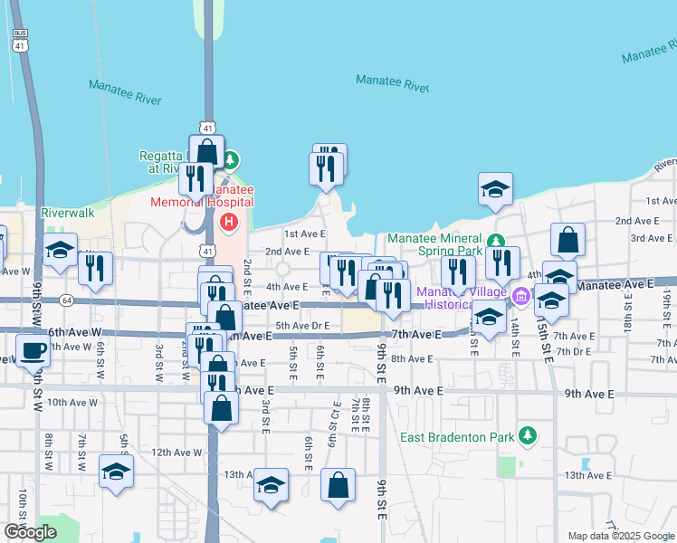 map of restaurants, bars, coffee shops, grocery stores, and more near 302 7th Street East in Bradenton