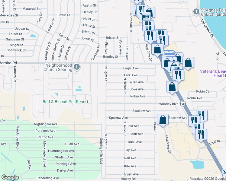 map of restaurants, bars, coffee shops, grocery stores, and more near 312 Dove Avenue in Sebring