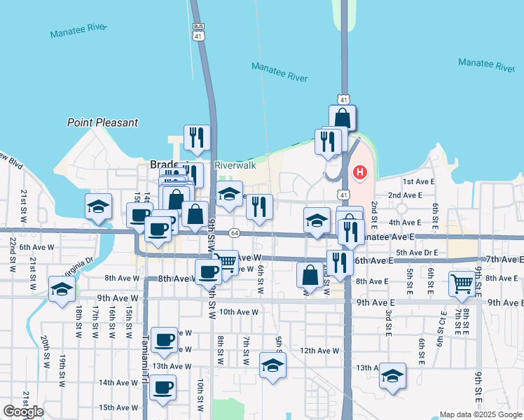 map of restaurants, bars, coffee shops, grocery stores, and more near 349 7th Street West in Bradenton