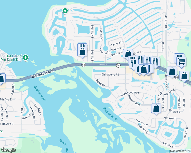 map of restaurants, bars, coffee shops, grocery stores, and more near 3705 Joyce Drive in Bradenton