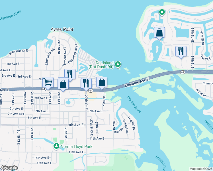 map of restaurants, bars, coffee shops, grocery stores, and more near 2901 Manatee Ave E in Bradenton