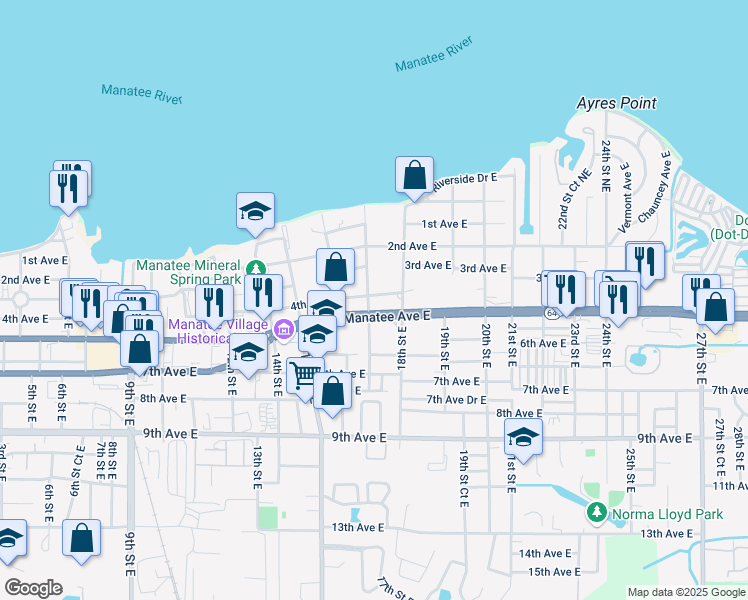 map of restaurants, bars, coffee shops, grocery stores, and more near 1625 Manatee Avenue East in Bradenton