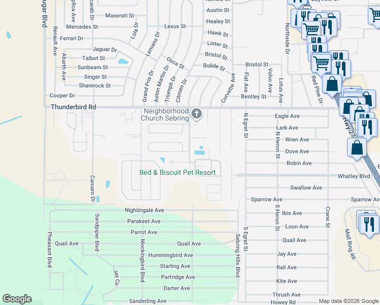 map of restaurants, bars, coffee shops, grocery stores, and more near 500 Thunderbird Hill Road in Sebring