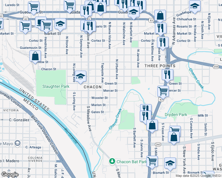 map of restaurants, bars, coffee shops, grocery stores, and more near 1902 Mercer Street in Laredo