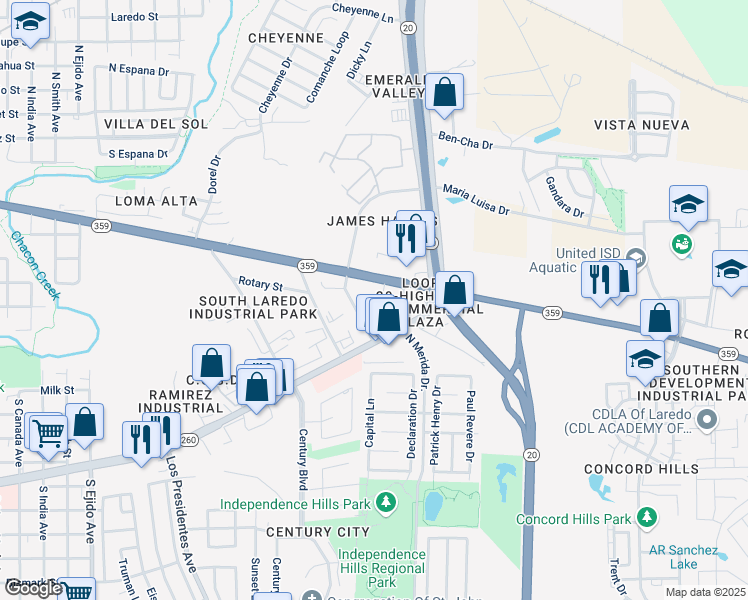 map of restaurants, bars, coffee shops, grocery stores, and more near 201 Abigail Dominguez Court in Laredo