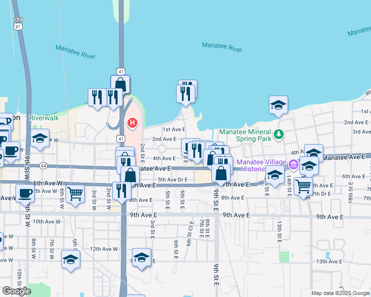 map of restaurants, bars, coffee shops, grocery stores, and more near 606 3rd Avenue East in Bradenton