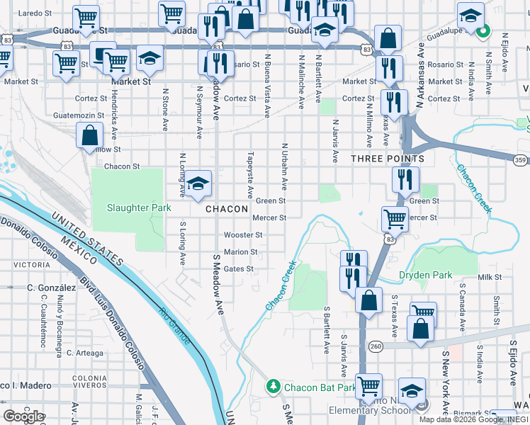 map of restaurants, bars, coffee shops, grocery stores, and more near 1902 Mercer Street in Laredo