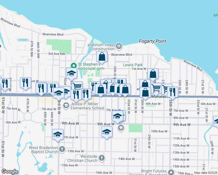 map of restaurants, bars, coffee shops, grocery stores, and more near 3511 4th Avenue West in Bradenton