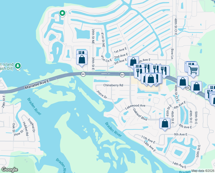 map of restaurants, bars, coffee shops, grocery stores, and more near 709 Hickory Lane in Bradenton