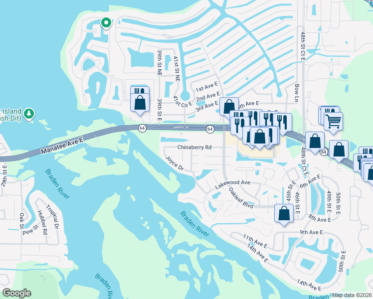 map of restaurants, bars, coffee shops, grocery stores, and more near 709 Hickory Lane in Bradenton