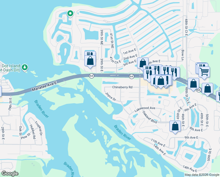 map of restaurants, bars, coffee shops, grocery stores, and more near 3705 Joyce Drive in Bradenton