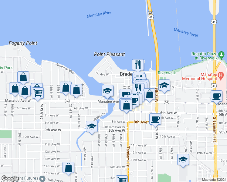 map of restaurants, bars, coffee shops, grocery stores, and more near 312 15th Street West in Bradenton