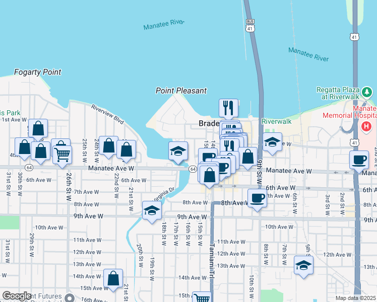 map of restaurants, bars, coffee shops, grocery stores, and more near 312 15th Street West in Bradenton
