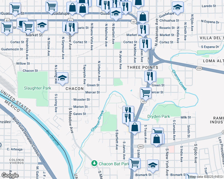 map of restaurants, bars, coffee shops, grocery stores, and more near 2120 Mercer Street in Laredo