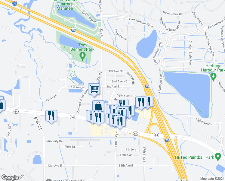 map of restaurants, bars, coffee shops, grocery stores, and more near 1007 65th Street East in Bradenton
