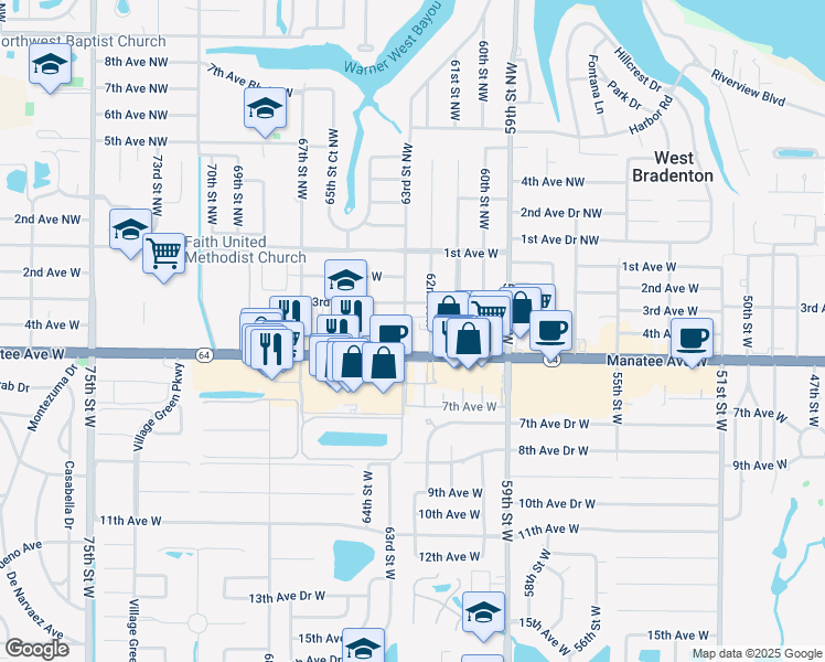 map of restaurants, bars, coffee shops, grocery stores, and more near 6220 Manatee Avenue West in Bradenton