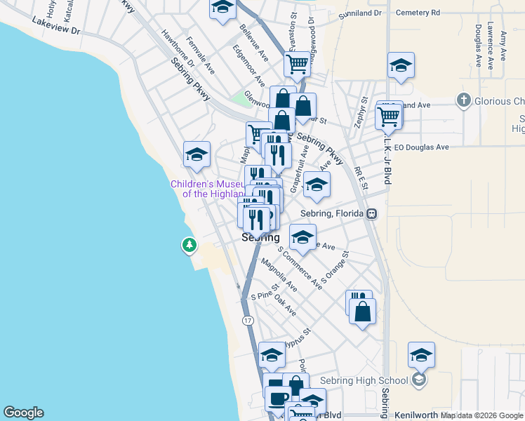 map of restaurants, bars, coffee shops, grocery stores, and more near 117 North Ridgewood Drive in Sebring