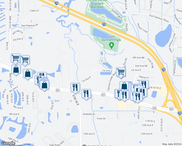 map of restaurants, bars, coffee shops, grocery stores, and more near 5705 1st Avenue East in Bradenton