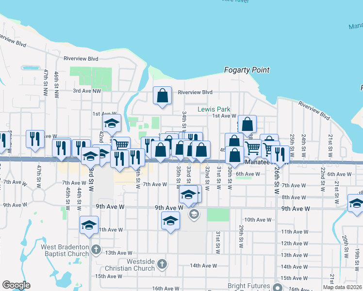 map of restaurants, bars, coffee shops, grocery stores, and more near 3511 4th Avenue West in Bradenton