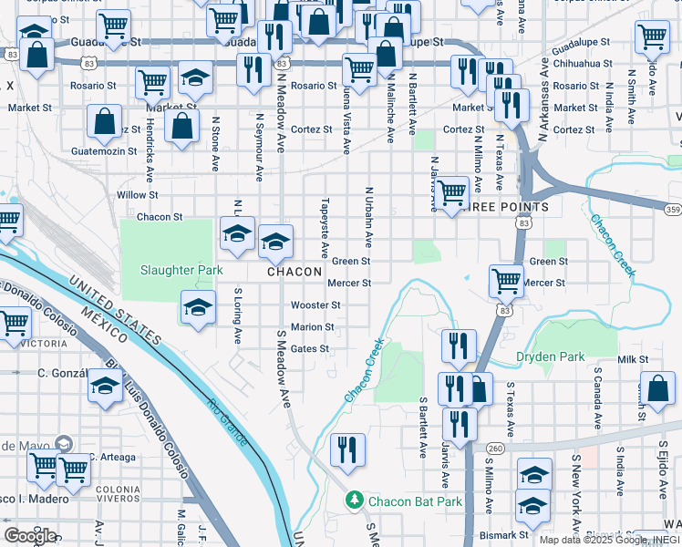map of restaurants, bars, coffee shops, grocery stores, and more near 1902 Mercer Street in Laredo