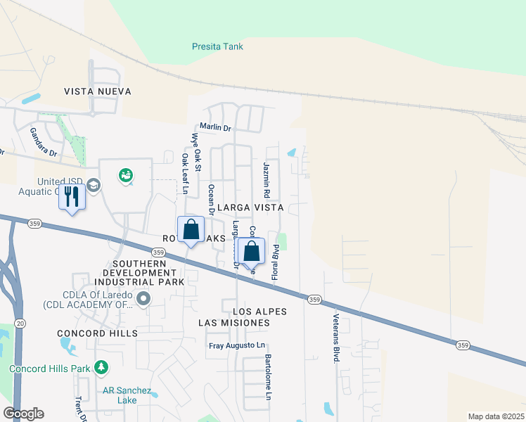 map of restaurants, bars, coffee shops, grocery stores, and more near 308 Jazmin Road in Laredo