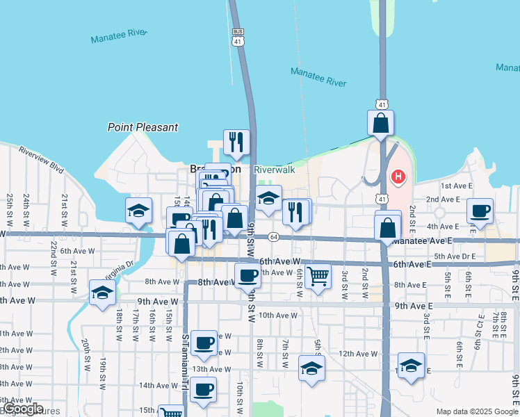 map of restaurants, bars, coffee shops, grocery stores, and more near 303 9th Street West in Bradenton