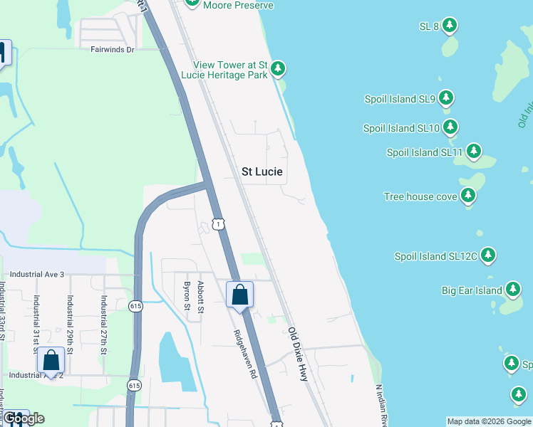 map of restaurants, bars, coffee shops, grocery stores, and more near 305 Milton Road in Fort Pierce