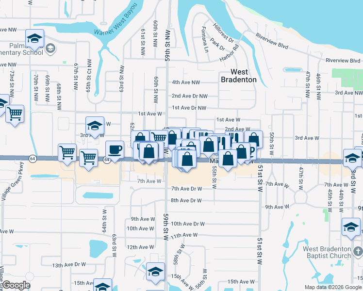 map of restaurants, bars, coffee shops, grocery stores, and more near 5712 Manatee Avenue West in Bradenton